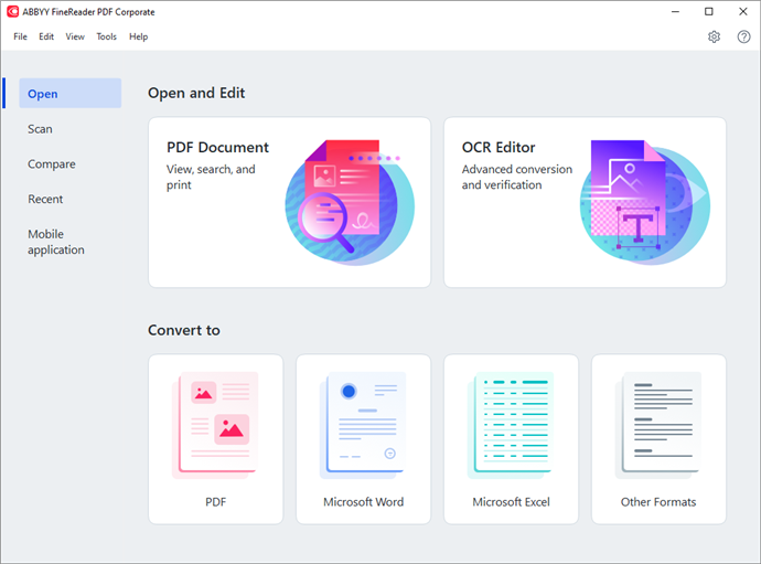 Oficiální úvodní obrazovka ABBYY FineReader PDF 16 s volbami PDF dokument a OCR Editor